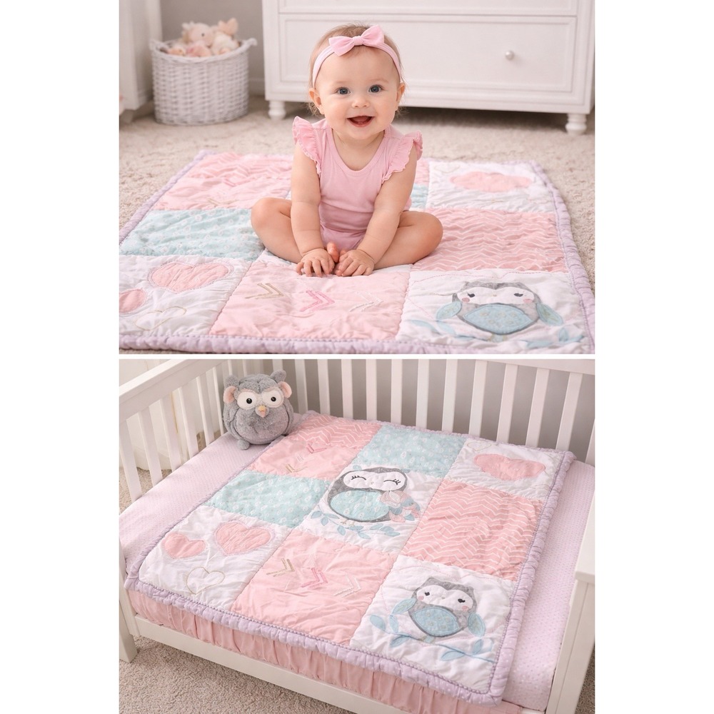 Handmade Baby Quilt Owl Patchwork Pink Aqua Nursery Crip Lap 42x32